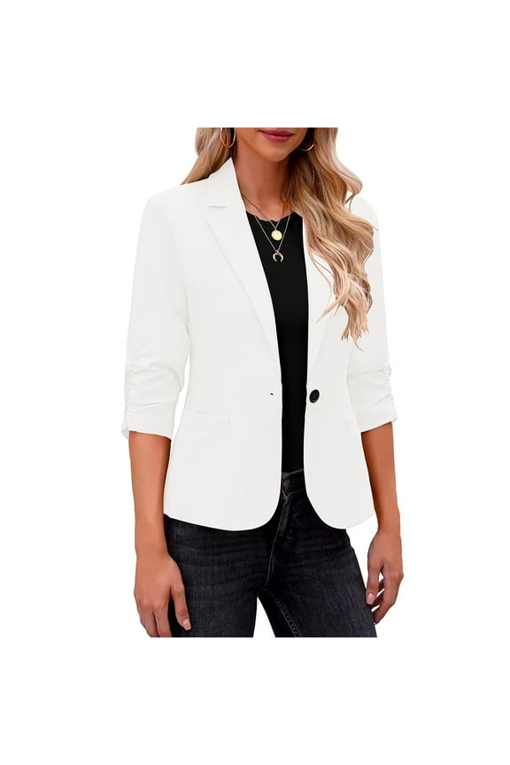 Womens Blazer, One Button Solid Color 3/4 Sleeve Casual Suit Jacket White M