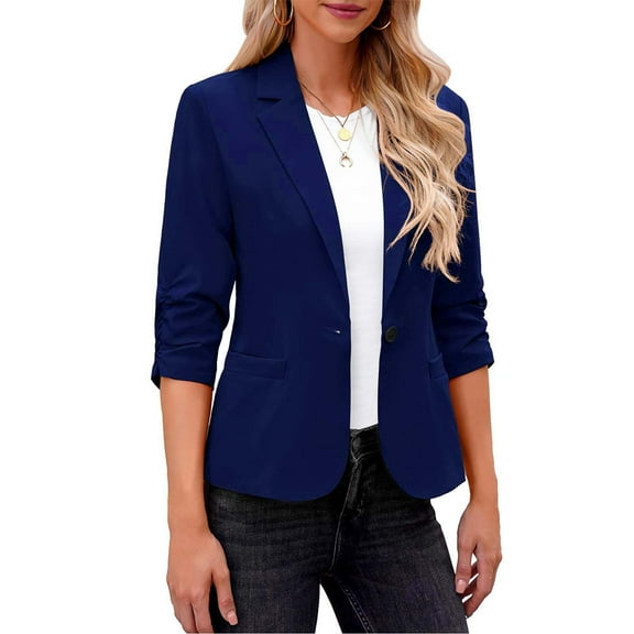 ITSAME Womens Blazer, Solid Color 3/4 Sleeve One Button Casual Suit Jacket Dark Blue 2XL