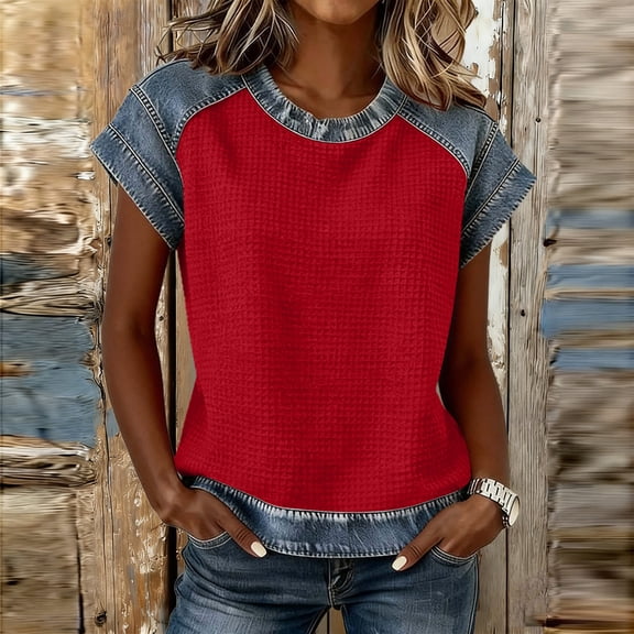 ITSAME Womens Blouses, Round Neck Short Sleeve Loose Fit Summer Casual Fashion Tops Red Size 2XL