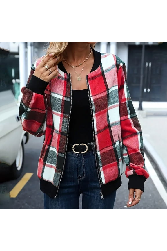 Womens Bomber Jackets, Claasic Checked Long Sleeve Zipper Fall Fashion Outwear with Pockets Red 2XL