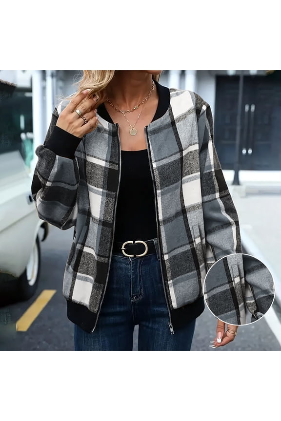 Womens Bomber Jackets, Full Zipper Classic Plaid with Pockets Spring Fall Fashion Outwear Gray L