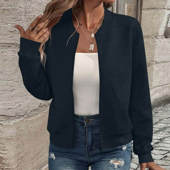 ITSAME Womens Bomber Jackets, Long Sleeve Classic Fit Full Zipper 2025 Fashion Outwear Navy M
