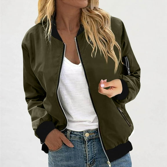 ITSAME Womens Bomber Jackets, Long Sleeve Waterproof Zip Up Fashion Outwear with Pockets Army Green L