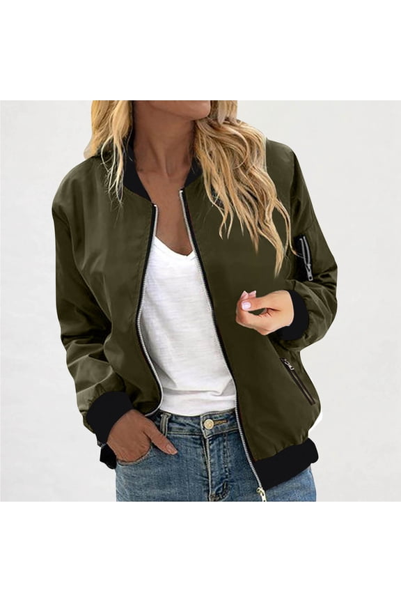 Womens Bomber Jackets, Long Sleeve Waterproof Zip Up Fashion Outwear with Pockets Army Green L