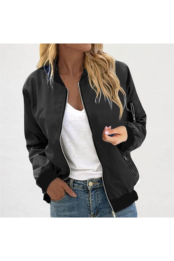 Womens Bomber Jackets, Long Sleeve Zip Up Waterproof Fashion Outwear with Pockets Black XL