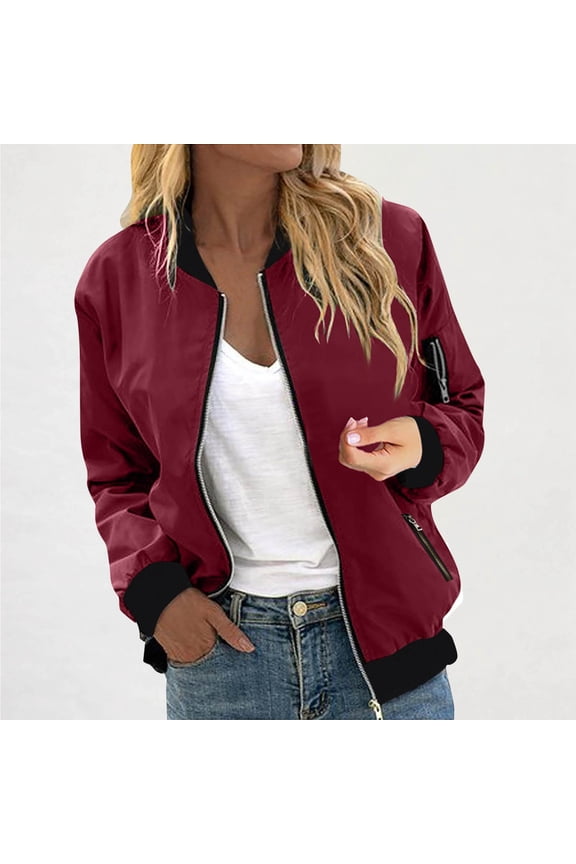 Womens Bomber Jackets, Long Sleeve Zip Up Waterproof Fashion Outwear with Pockets Wine 2XL