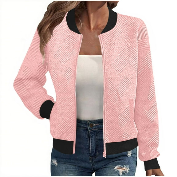 ITSAME Womens Bomber Jackets, Long Sleeve with Pockets Zipper 2025 Fashion Casual Outwear Pink L