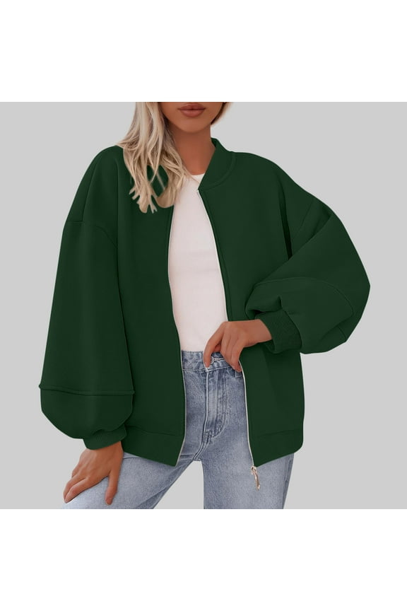 Womens Bomber Jackets, Loose Long Sleeve Zip Up with Pockets Fashion Causal Outwear Green S