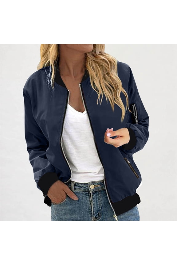 Womens Bomber Jackets, Waterproof Long Sleeve Zip Up Fashion Outwear with Pockets Blue S