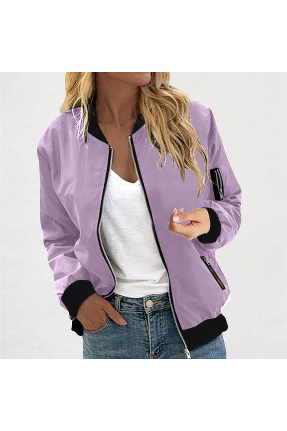 Womens Bomber Jackets, Waterproof Zip Up Long Sleeve Fashion Outwear with Pockets Purple M