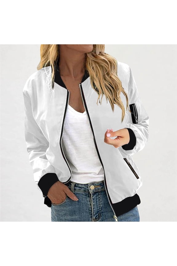 Womens Bomber Jackets, Waterproof Zip Up Long Sleeve Fashion Outwear with Pockets White M