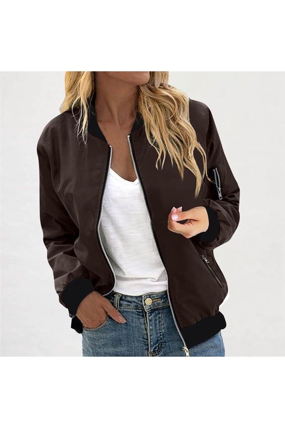 Womens Bomber Jackets, Zip Up Long Sleeve Waterproof Fashion Outwear with Pockets Brown XL