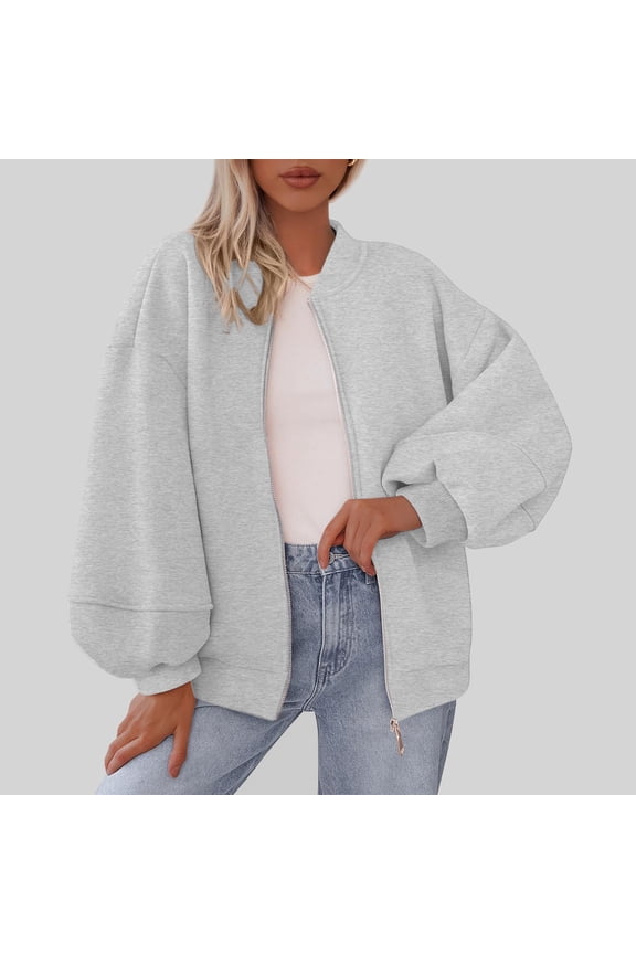 Womens Bomber Jackets, Zip Up Loose Long Sleeve with Pockets Fashion Causal Outwear Gray L