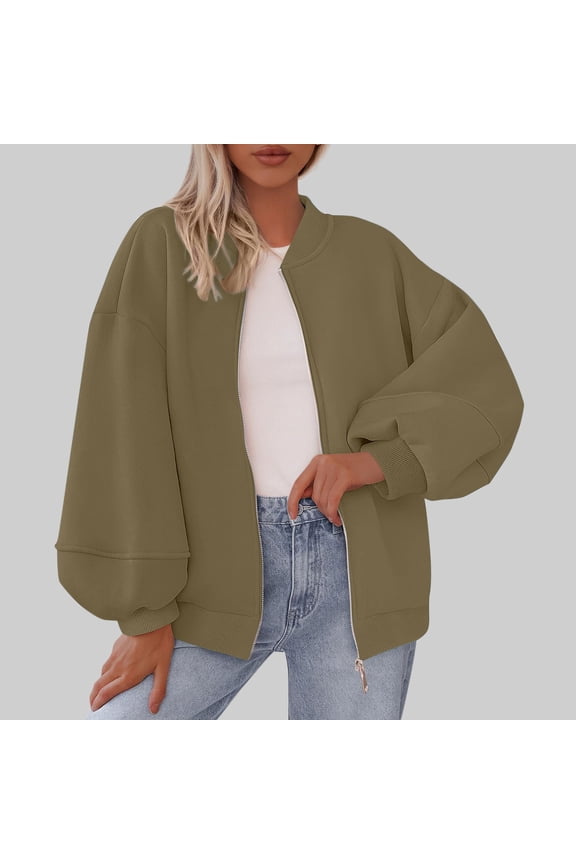 Womens Bomber Jackets, Zip Up Loose Long Sleeve with Pockets Fashion Causal Outwear Khaki 2XL