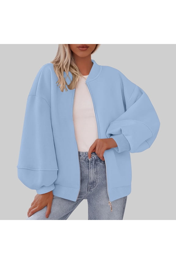 Womens Bomber Jackets, Zip Up with Pockets Loose Long Sleeve Fashion Causal Outwear Blue 2XL