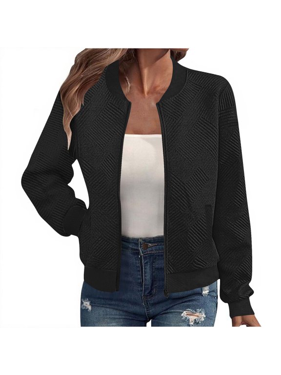 Womens Bomber Jackets, with Pockets Long Sleeve Zipper 2025 Fashion Casual Outwear Black M