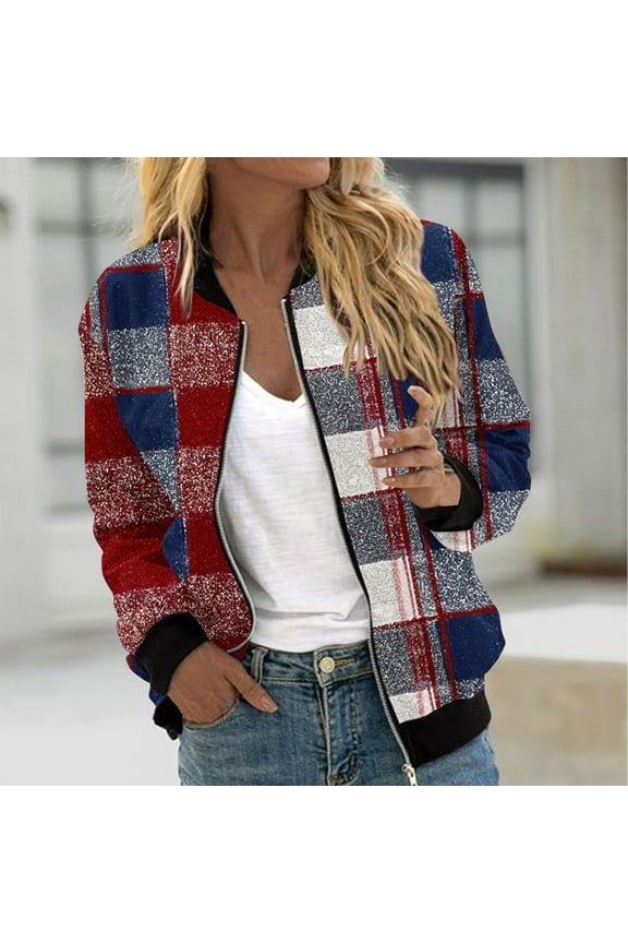 Womens Bomber Jackets with Pockets, Zip Up Long Sleeve Fashion Classic Fit Spring Fall Outwear Wine S