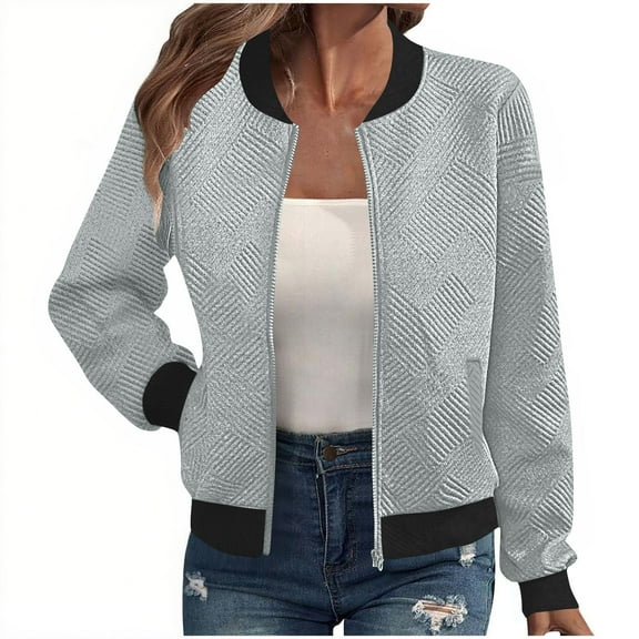 ITSAME Womens Bomber Jackets, with Pockets Zipper Long Sleeve 2025 Fashion Casual Outwear Gray 2XL