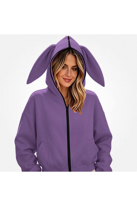 Womens Bunny Ear Hooded Zip Up Jacket Long Sleeve Cropped Casual Coat with Pockets Purple Size M