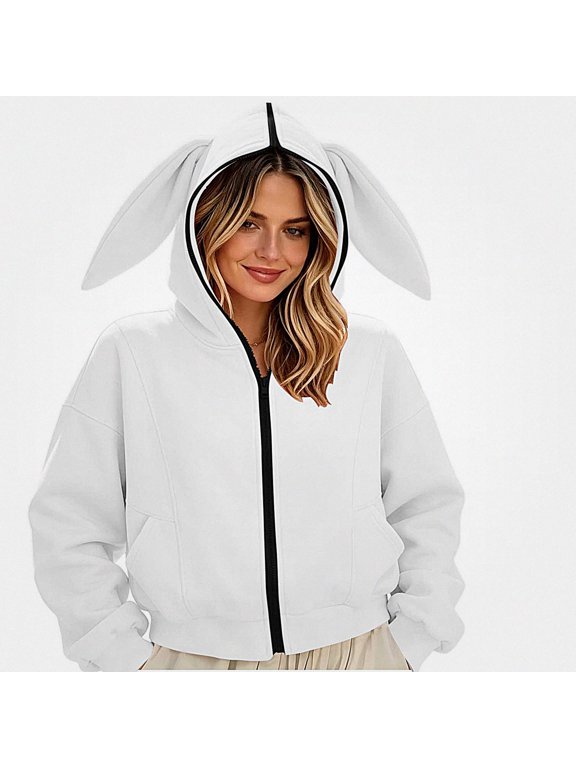 Womens Bunny Ear Hooded Zip Up Jacket Long Sleeve Cropped Casual Coat with Pockets White Size 2XL