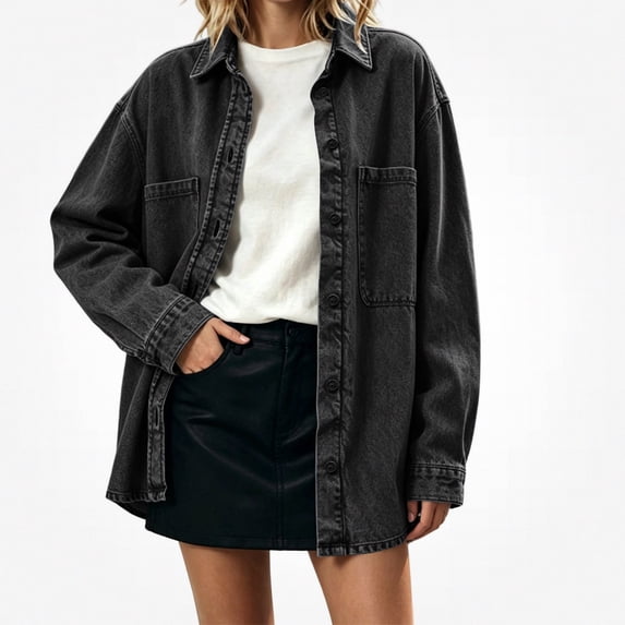 ITSAME Womens Button Down Denim Coat Lapel Long Sleeve Loose Fit Vintage Jean Jacket with Chest Pockets Black Size S