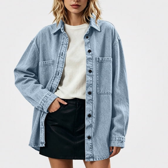 ITSAME Womens Button Down Denim Coat Lapel Long Sleeve Loose Fit Vintage Jean Jacket with Chest Pockets Blue Size XL