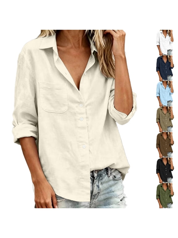 Womens Button Up Shirt Breathable Cotton Lapel Long Sleeve Tops Casual Comfy Blouses with Pockets Black Size M