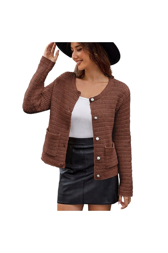 Womens Cardigan Sweater, Button Down Crew Neck Long Sleeve Fashion Elegant Dressy Outwear Brown M
