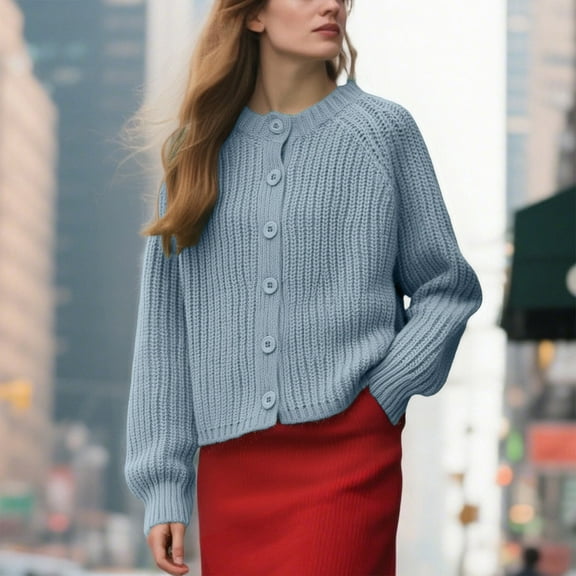 ITSAME Womens Cardigan Sweater, Buttons Crewneck Soft Warm Long Sleeve Fall Winter Knitted Outwear Light Blue L