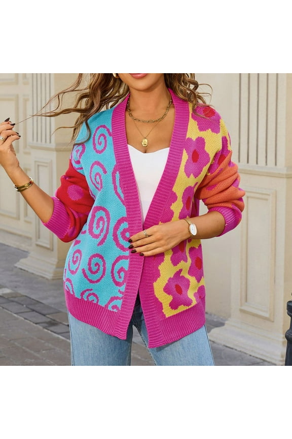 Womens Cardigan Sweater, Floral Graphic Knitted Open Front Long Sleeve 2025 Fashion Knit Outwear Hot Pink L