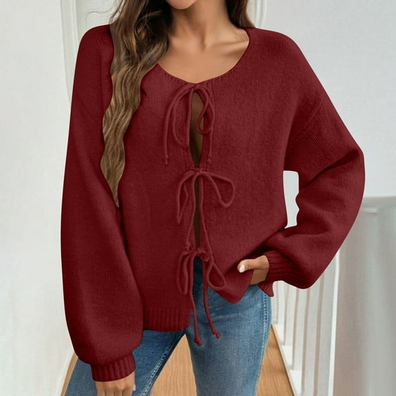 ITSAME Womens Cardigan Sweater, Lace-Up Long Sleeve 2025 Fashion Casual Knit Outwear Red L