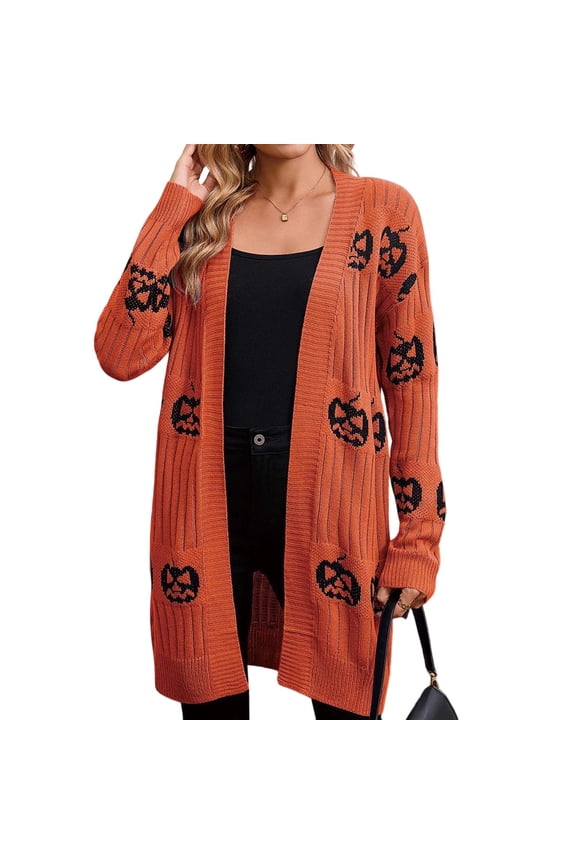 Womens Cardigan Sweater, Long Sleeve Open Front Fashion Pumpkin Halloween Knitted Outwear Orange XL