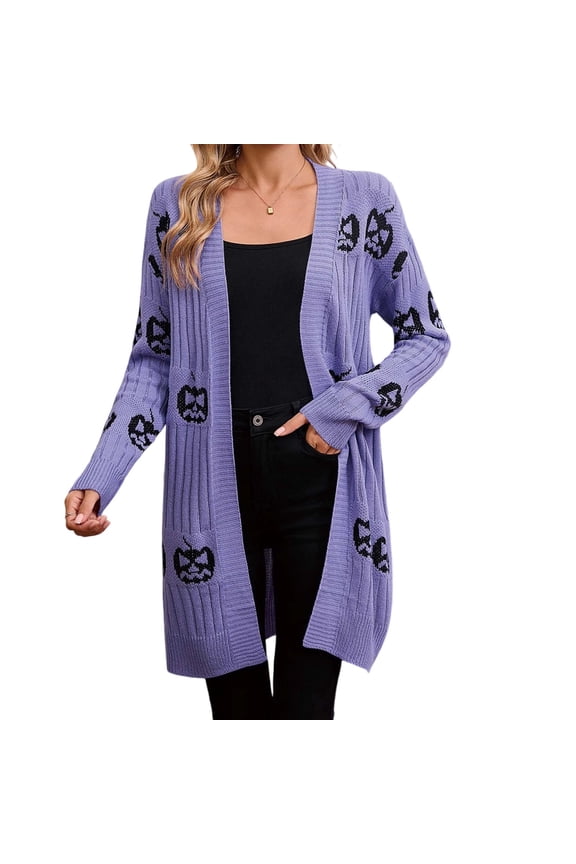 Womens Cardigan Sweater, Long Sleeve Open Front Fashion Pumpkin Halloween Knitted Outwear Purple M