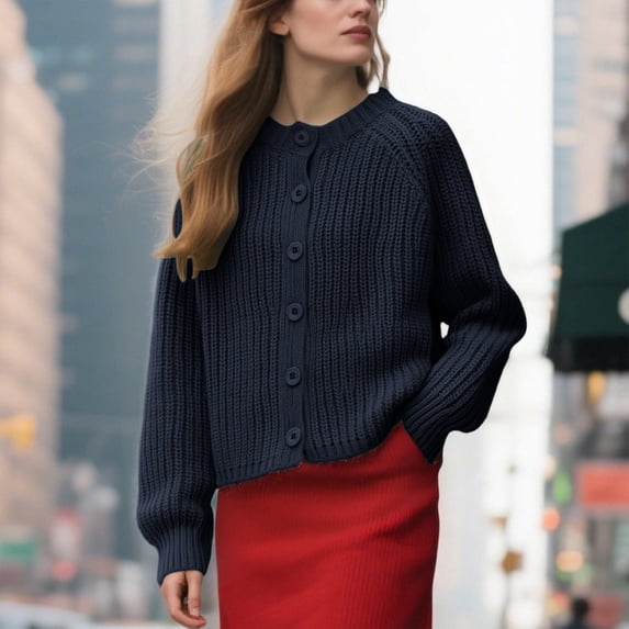 ITSAME Womens Cardigan Sweater, Long Sleeve Soft Warm Buttons Crewneck Fall Winter Knitted Outwear Navy S