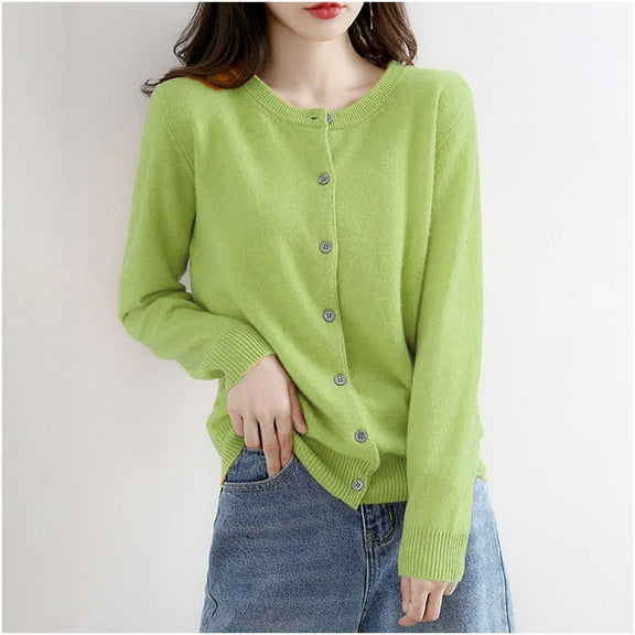 ITSAME Womens Cardigan Sweater, Long Sleeve Super Soft Crewneck Buttons Casual Fashion Knit Outwear Green S