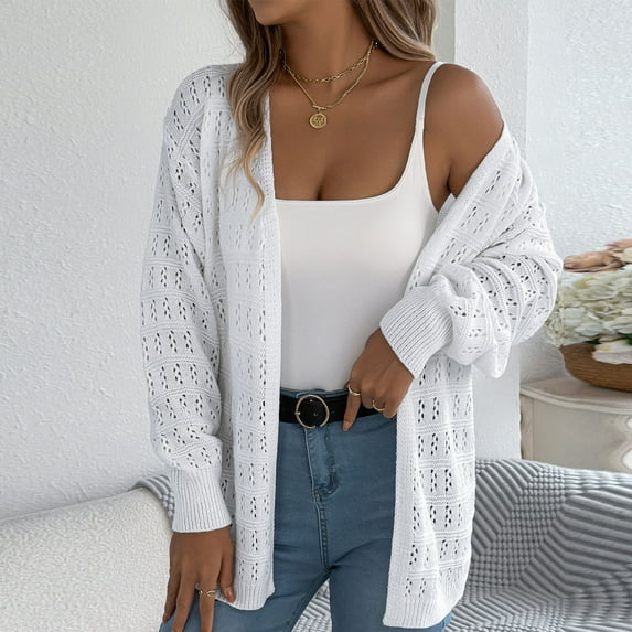 ITSAME Womens Cardigan Sweater, Open Front Mid-Length Long Sleeve Loose Fashion Outwear White M
