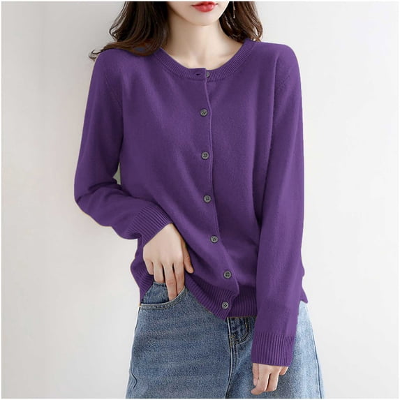 ITSAME Womens Cardigan Sweater, Super Soft Crewneck Buttons Long Sleeve Casual Fashion Knit Outwear Purple L