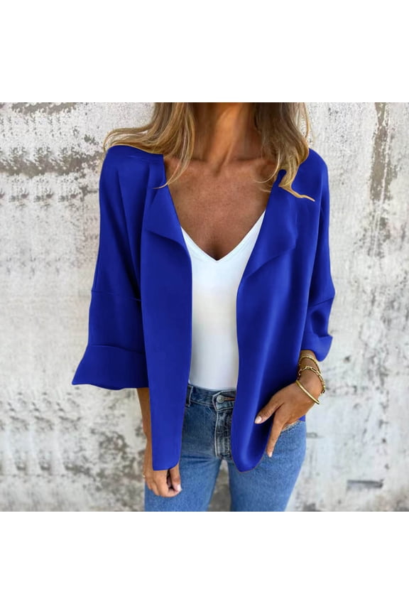 Womens Cardigan with 3/4 Sleeve, Loose Lapel Open Front Plus Size Fashion Casual Jacket Blue M