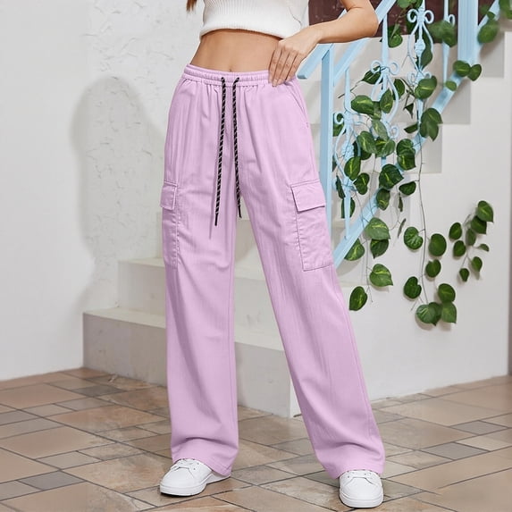 ITSAME Womens Cargo Pants, Drawstring Multi-Pocket High Waist Fashion Casual Straight Leg Pants Pink Size 2XL