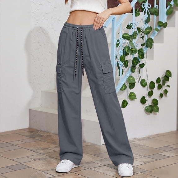 ITSAME Womens Cargo Pants, Multi-Pocket Drawstring High Waist Fashion Casual Straight Leg Pants Gray Size XL