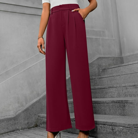 ITSAME Womens Casual Business Pants, Pull-On High Waisted Straight Leg Trousers with Pockets Wine L