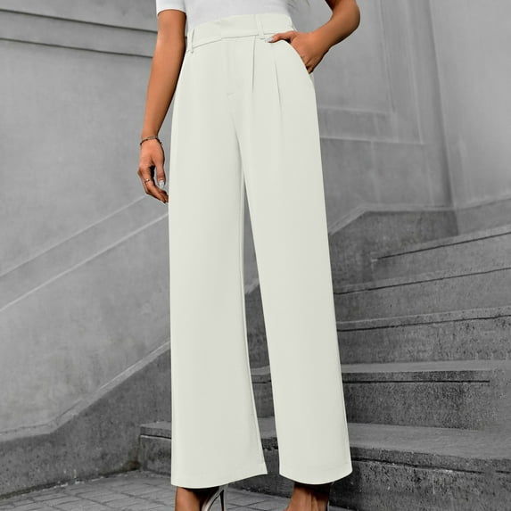 ITSAME Womens Casual Business Pants, Straight Leg High Waisted Pull-On Trousers with Pockets White L