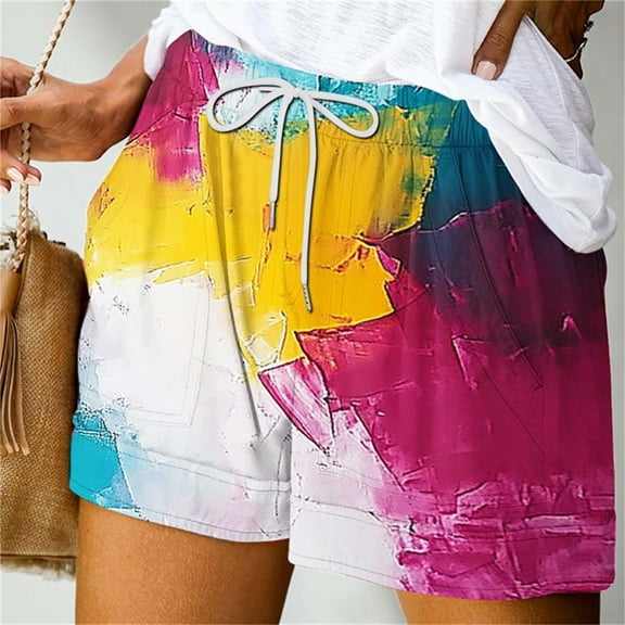 ITSAME Womens Casual Shorts, Elastic Waist Tie-Dye with Pockets Summer Pull-On Sports Shorts Multicolor