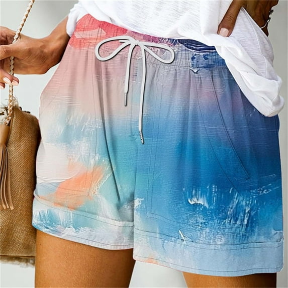 ITSAME Womens Casual Shorts, Tie-Dye Elastic Waist Drawstring Loose Sports Shorts with Pockets Multicolor