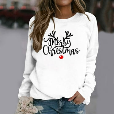 ITSAME Womens Christmas Sweatshirt, Loose Pullover Crew Neck Long Sleeve Casual Tops White S