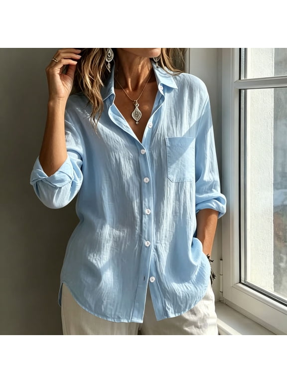 Womens Cotton Linen Tops Long Sleeve Lapel Button Up Shirts Ladies Fashion Casual Blouses Light Blue Size L