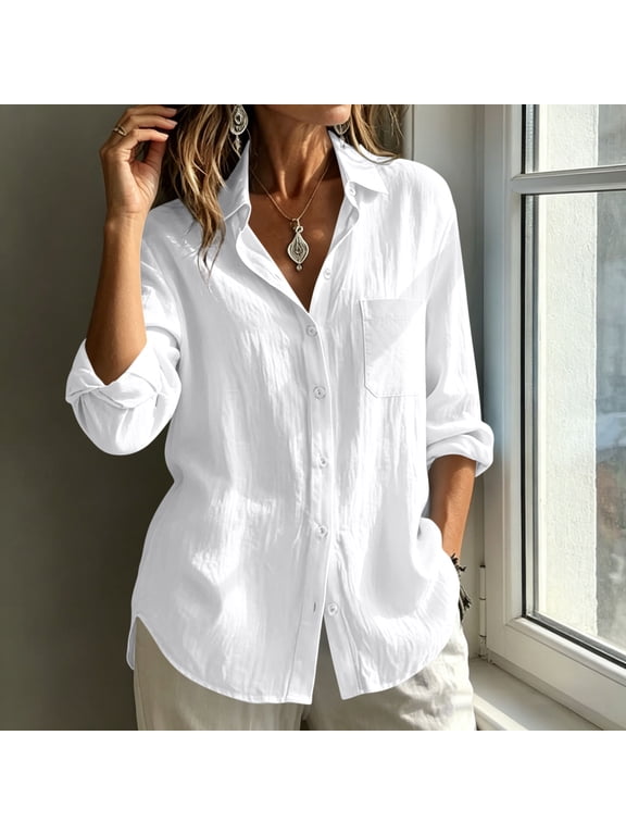Womens Cotton Linen Tops Long Sleeve Lapel Button Up Shirts Ladies Fashion Casual Blouses White Size XL