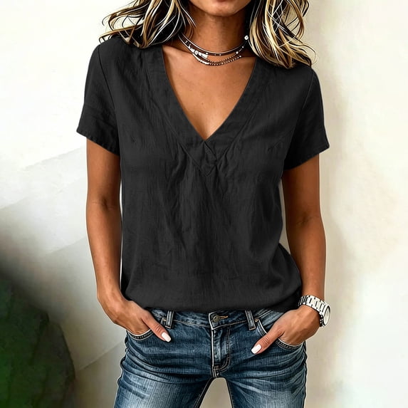 ITSAME Womens Cotton Linen Tops Short Sleeve V-Neck Shirts Ladies Loose Casual Blouses Black Size XL