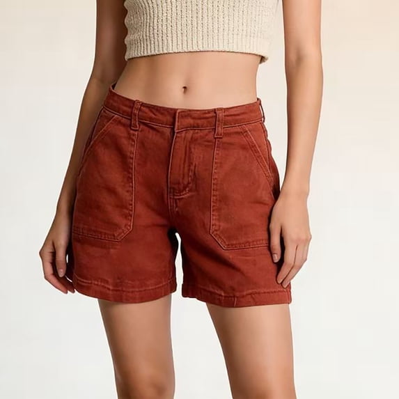 ITSAME Womens Denim Shorts High Waisted with Pockets Stretchy Summer Fashion Casual Shorts Brown Size M