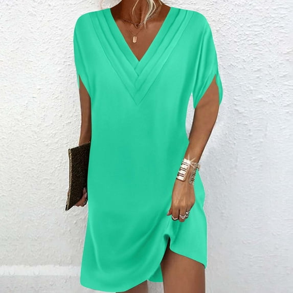 ITSAME Womens Dress, Pleated V Neck Solid Color Short Sleeve Summer Elegant Dressy Dress Green 3XL